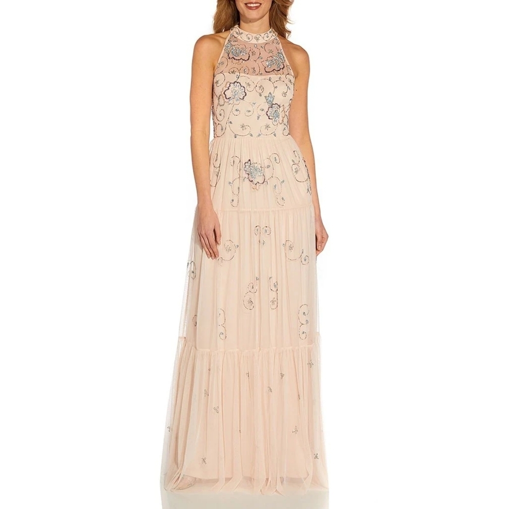 Adrianna Papell Sleeveless Halter Neck Beaded Mesh Keyhole Back Detail